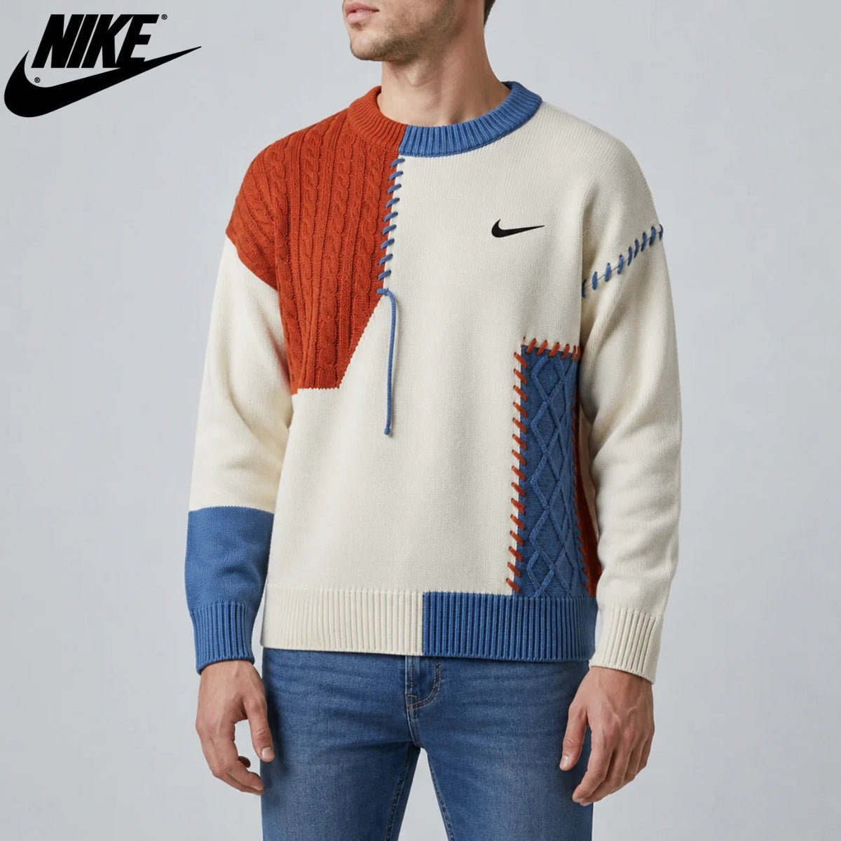 Pull en Maille Tressée Patchwork