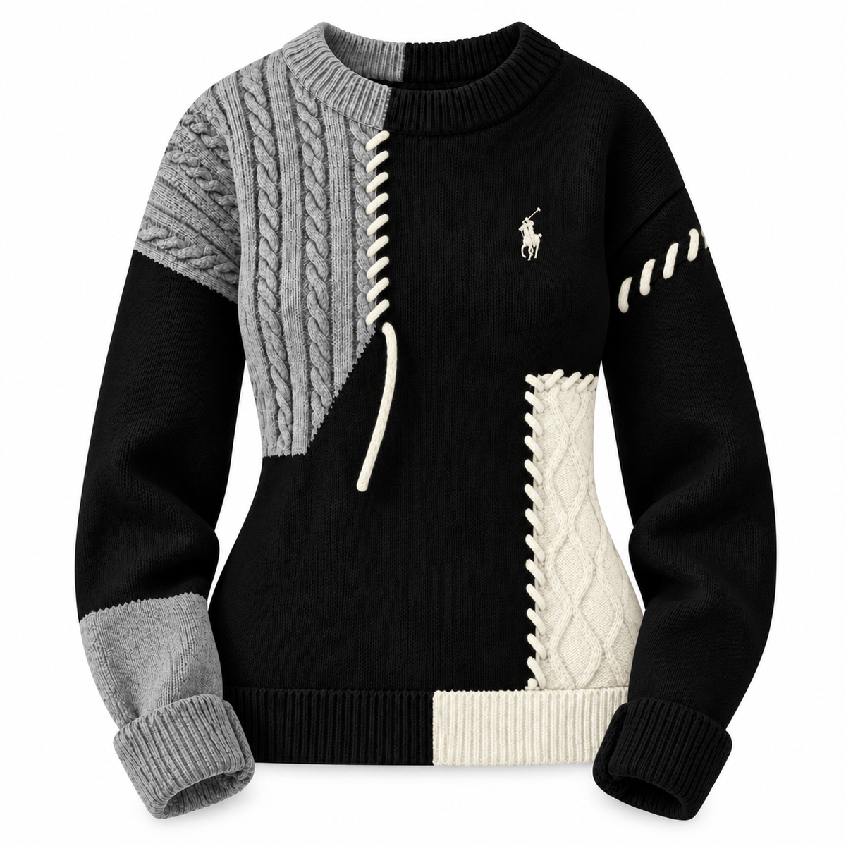 Pull femme en maille torsadée patchwork à col rond