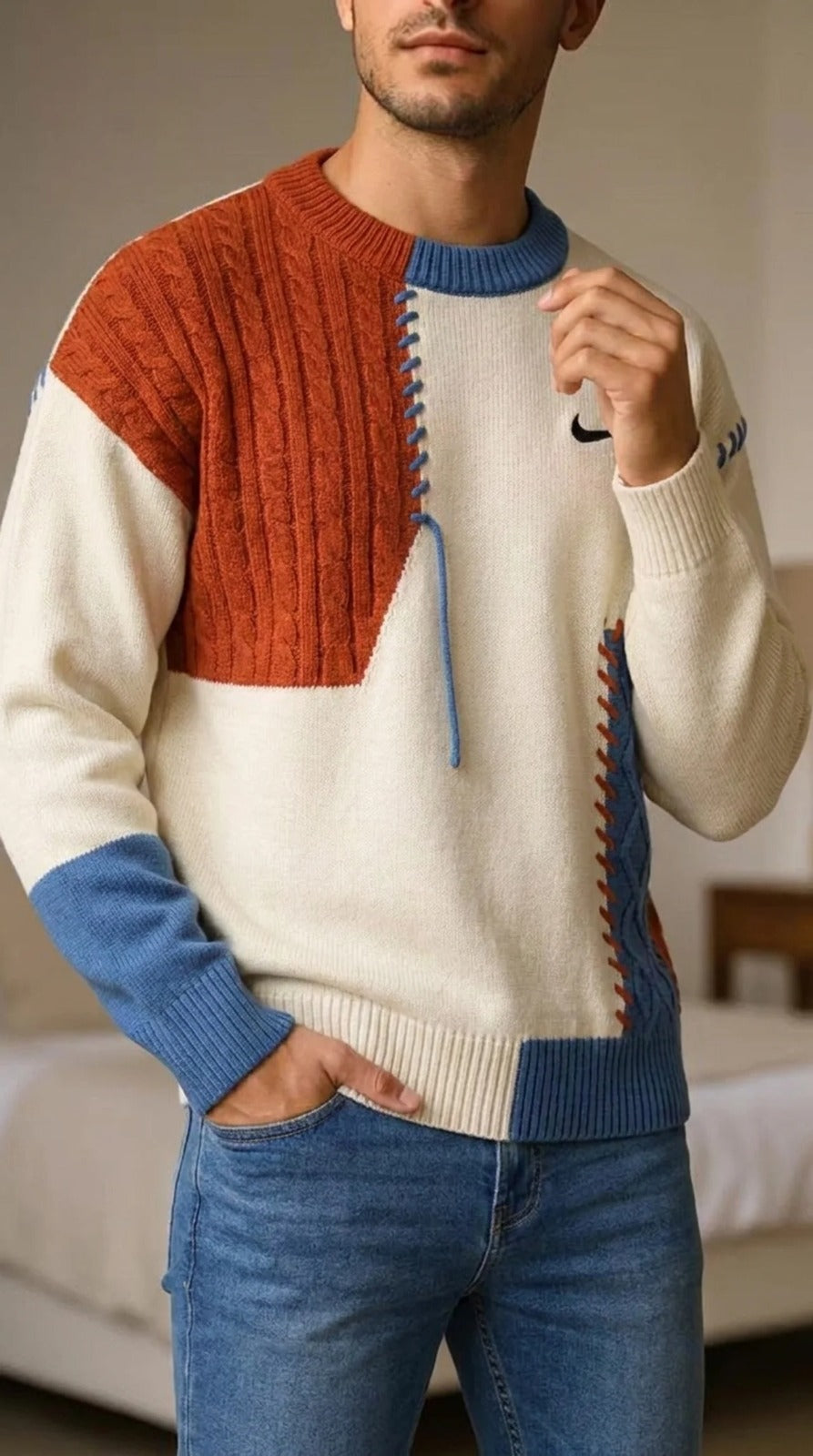 Pull en Maille Tressée Patchwork