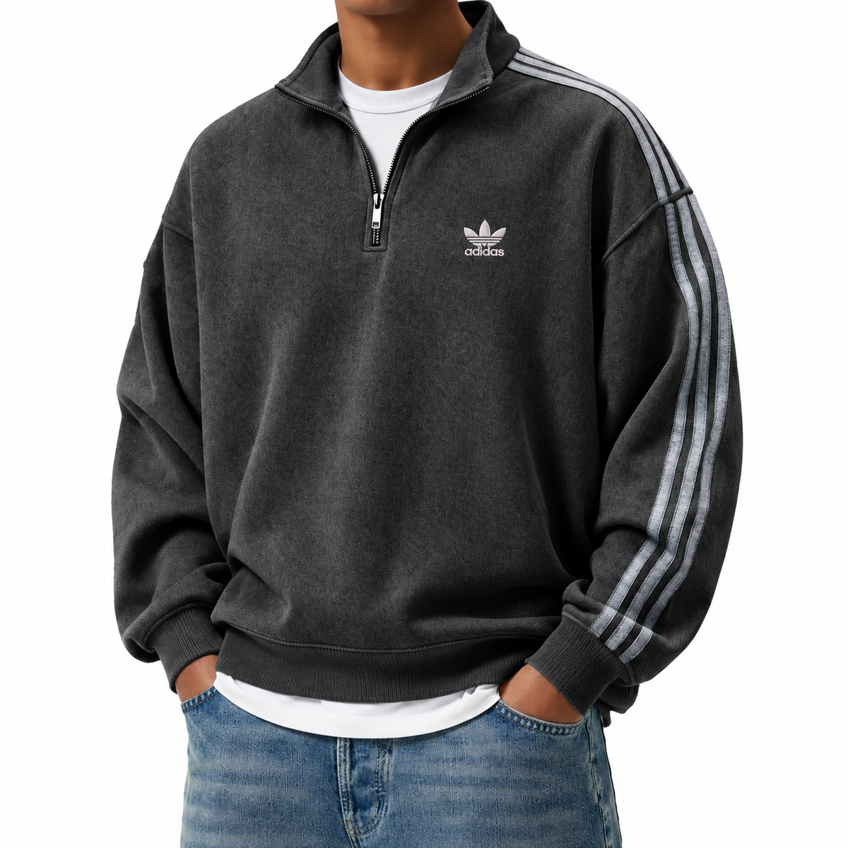 Sweat à col zippé court à trois rayures pour hommes