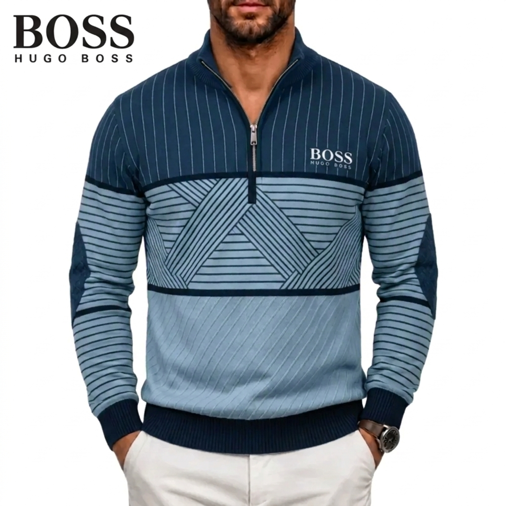 Pull Homme à Rayures Géométriques avec Zip Quart