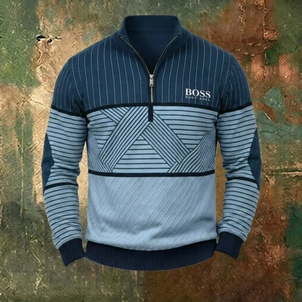 Pull Homme à Rayures Géométriques avec Zip Quart