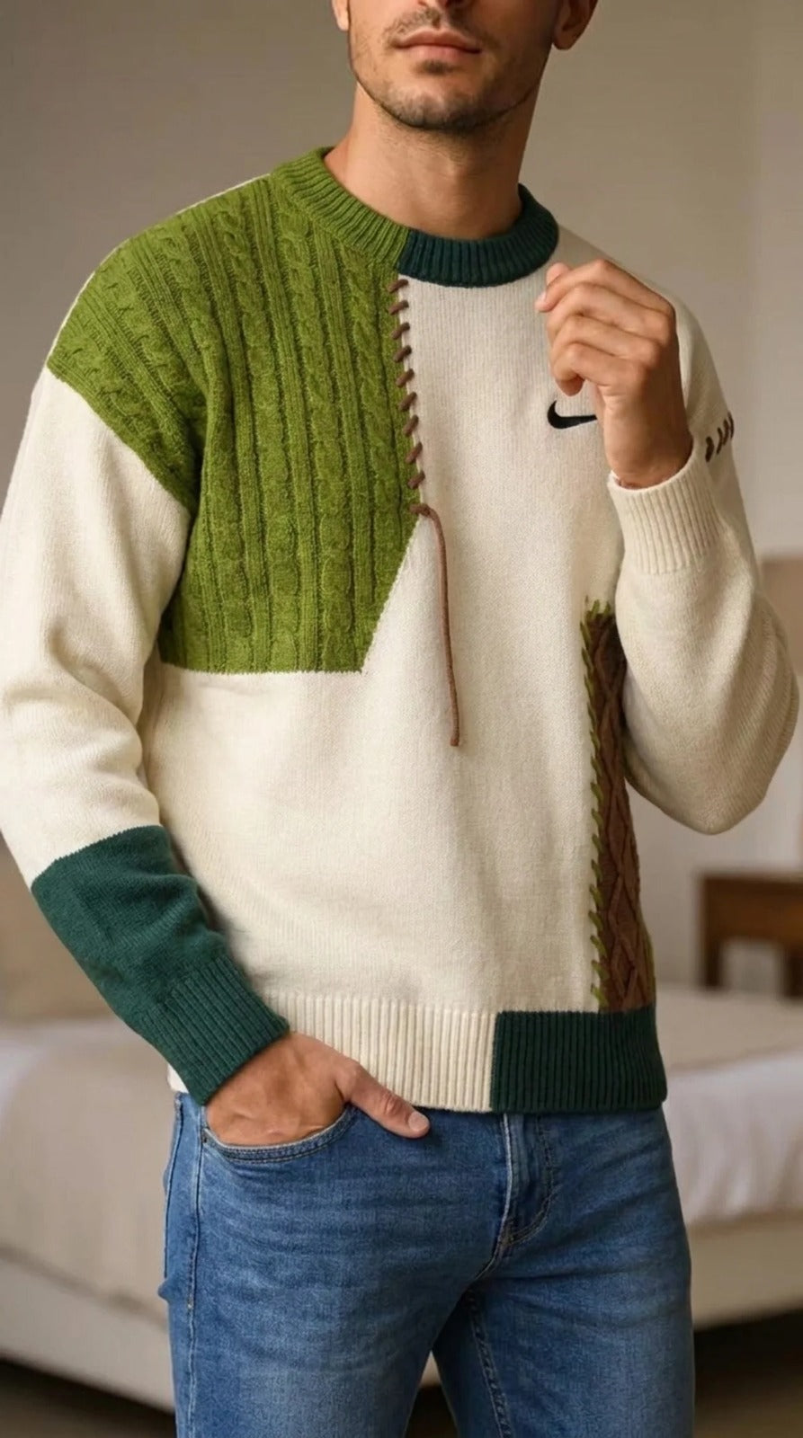 Pull en Maille Tressée Patchwork