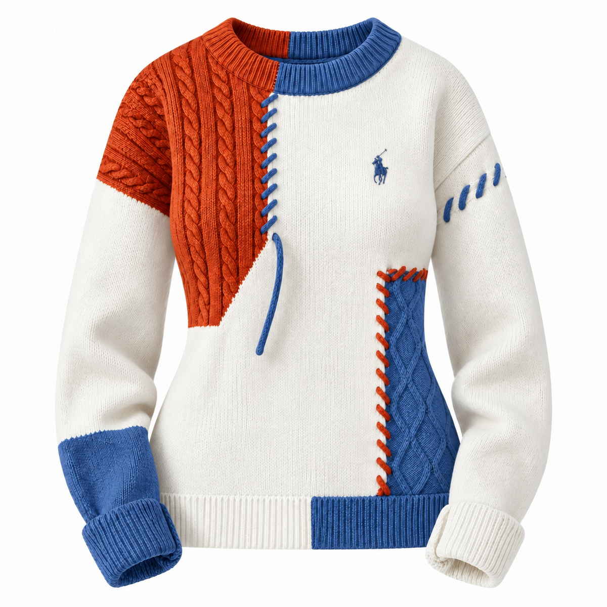 Pull femme en maille torsadée patchwork à col rond