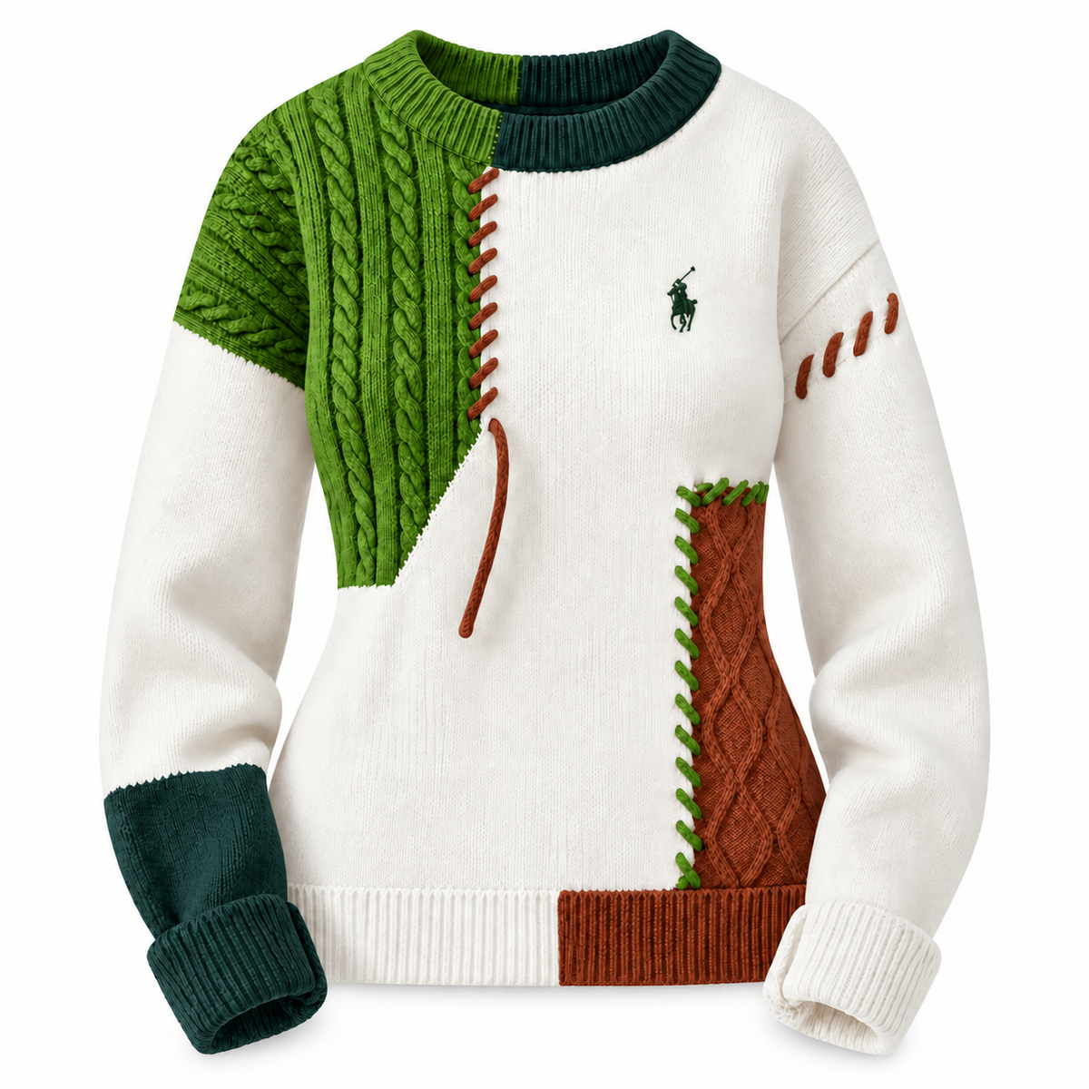 Pull femme en maille torsadée patchwork à col rond