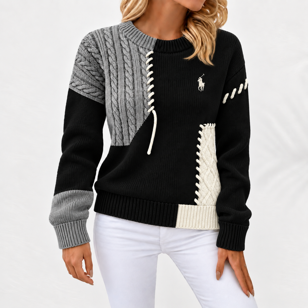 Pull femme en maille torsadée patchwork à col rond