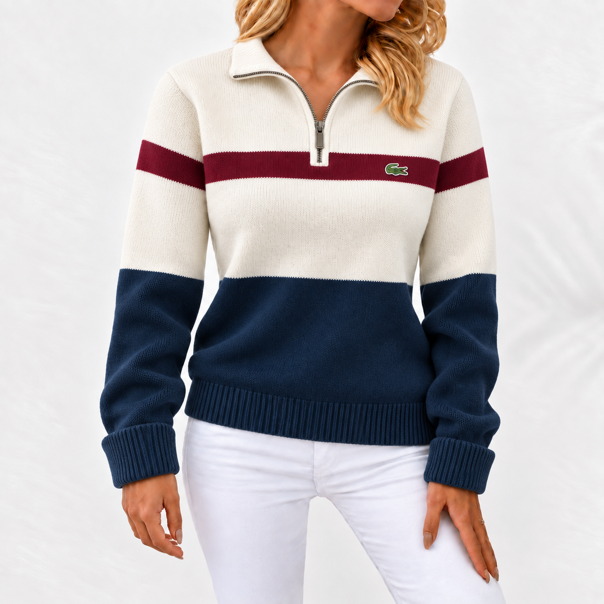 Pull à Maille Femme avec Col Zippé Quart en Color Block