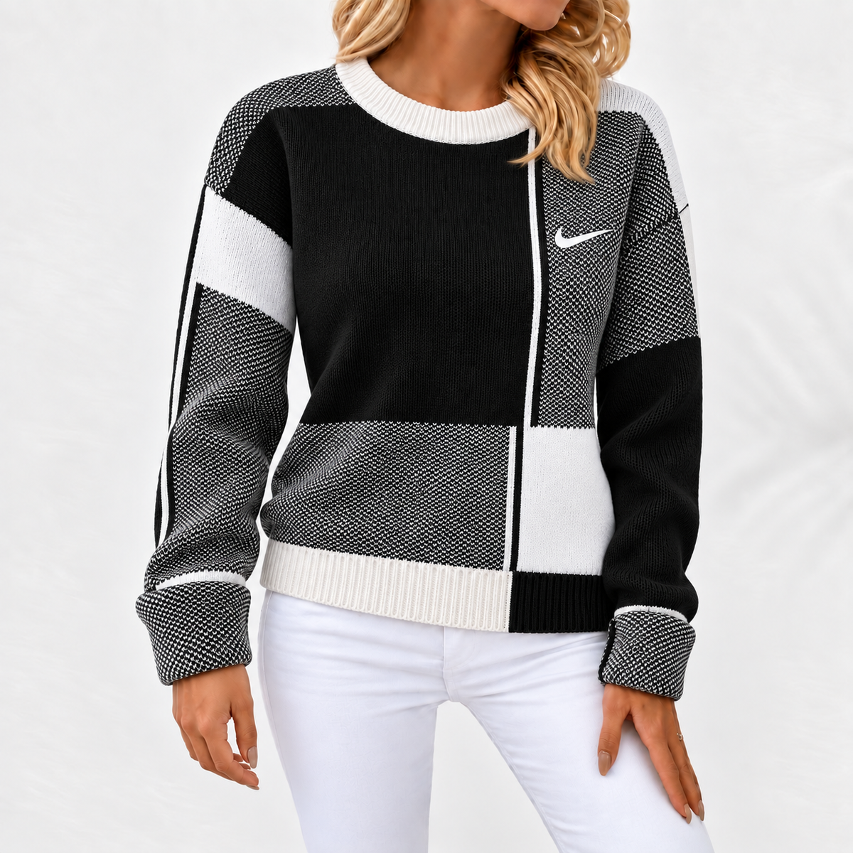 Pull en Tricot à Blocs de Couleurs Géométriques pour Femmes