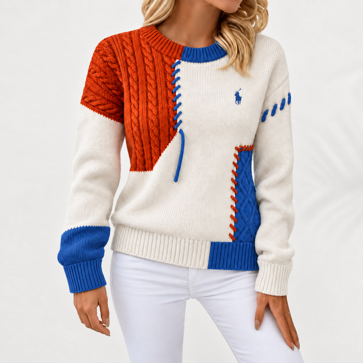 Pull femme en maille torsadée patchwork à col rond