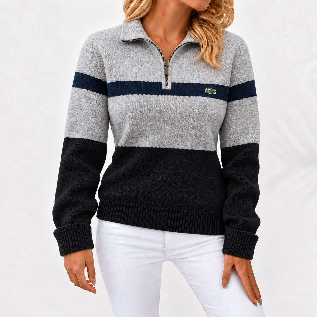 Pull à Maille Femme avec Col Zippé Quart en Color Block