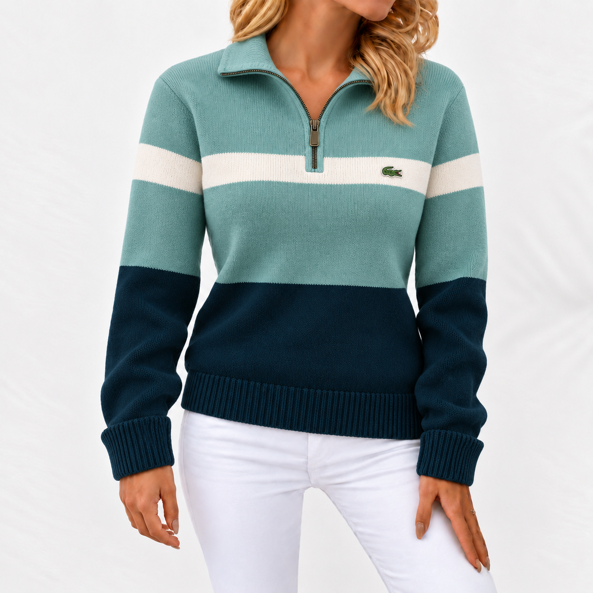 Pull à Maille Femme avec Col Zippé Quart en Color Block