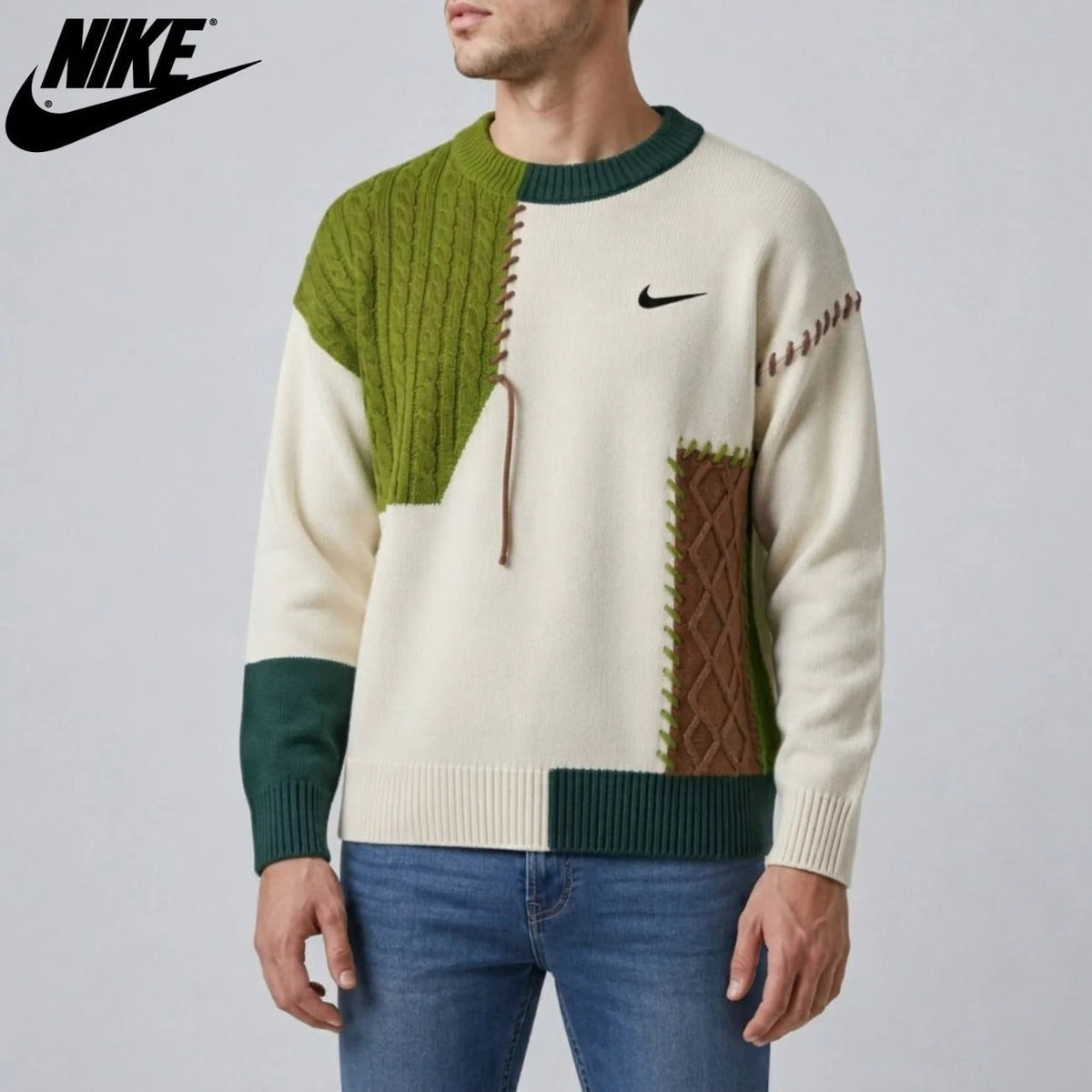 Pull en Maille Tressée Patchwork