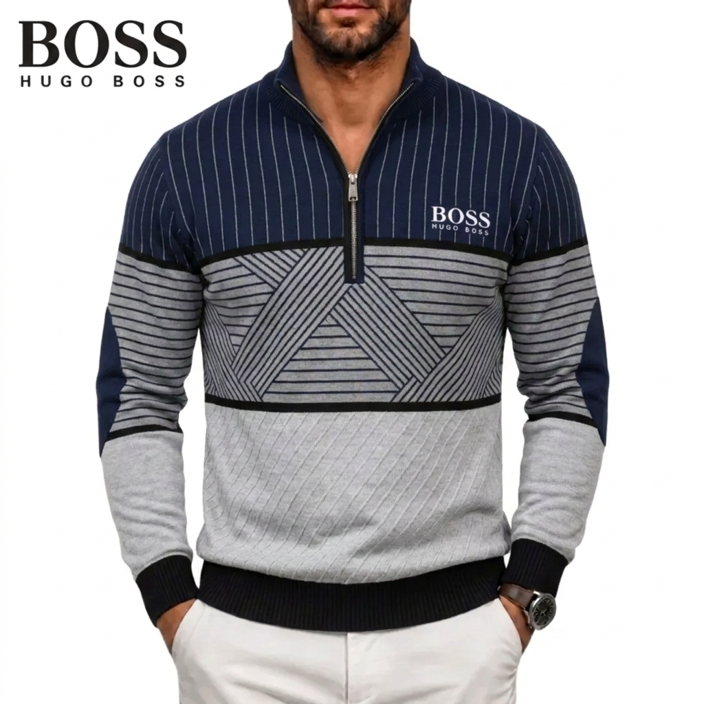 Pull Homme à Rayures Géométriques avec Zip Quart